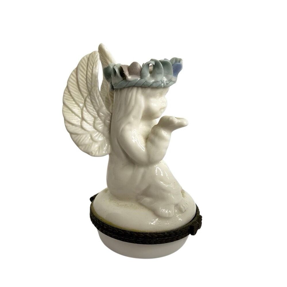 Vintage Porcelain Angel Trinket Boxes Set of 2 Hinged Cherub Figurines
